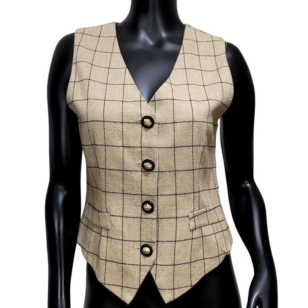 KBNI Collectibles Vintage Tan Plaid Waistcoat Vest Gold Lion Buttons S/M Twee